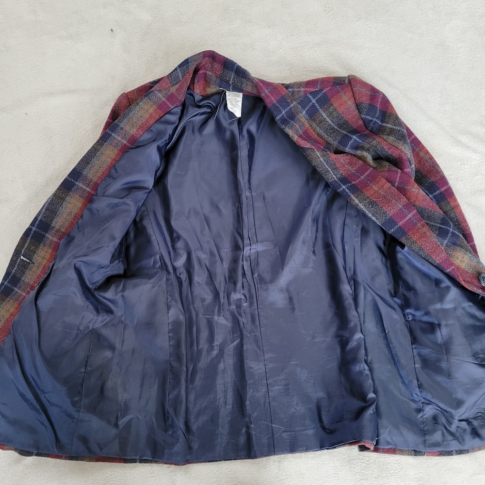 Plaid Wool Blazer Burgundy Navy Vintage Tartan Jacket 12 - Picture 4 of 6
